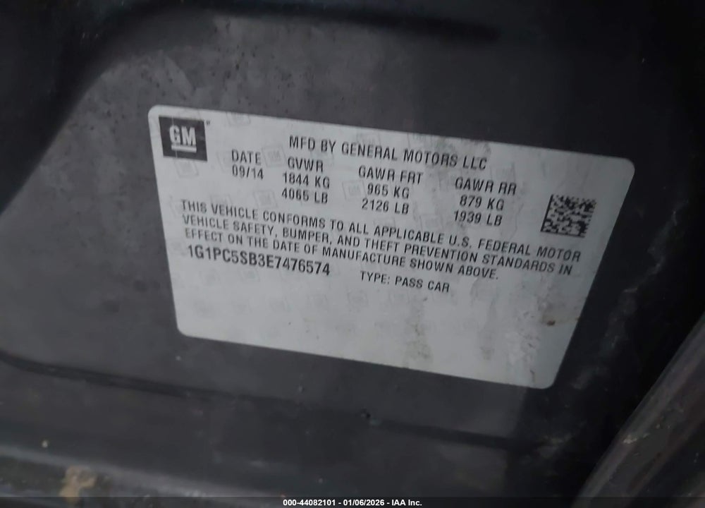 2014 CHEVROLET CRUZE 1LT AUTO VIN: 1G1PC5SB3E7476574