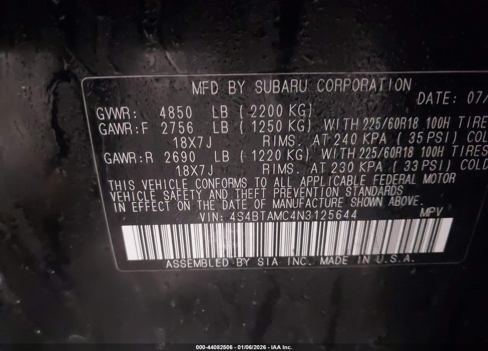 2022 SUBARU OUTBACK LIMITED VIN: 4S4BTAMC4N3125644