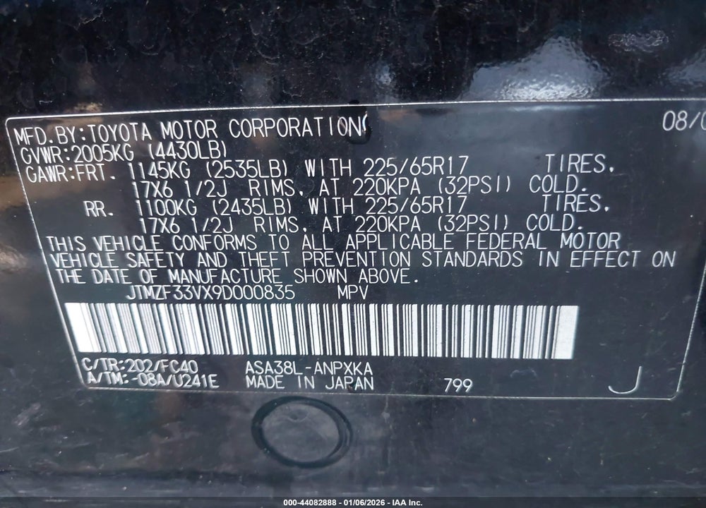 2009 TOYOTA RAV4 VIN: JTMZF33VX9D000835