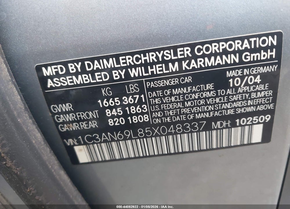2005 CHRYSLER CROSSFIRE LIMITED VIN: 1C3AN69L85X048337