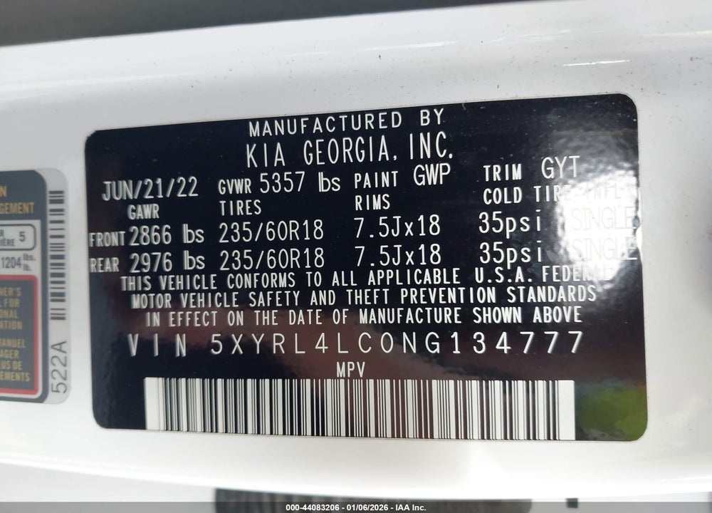 2022 KIA SORENTO S VIN: 5XYRL4LC0NG134777