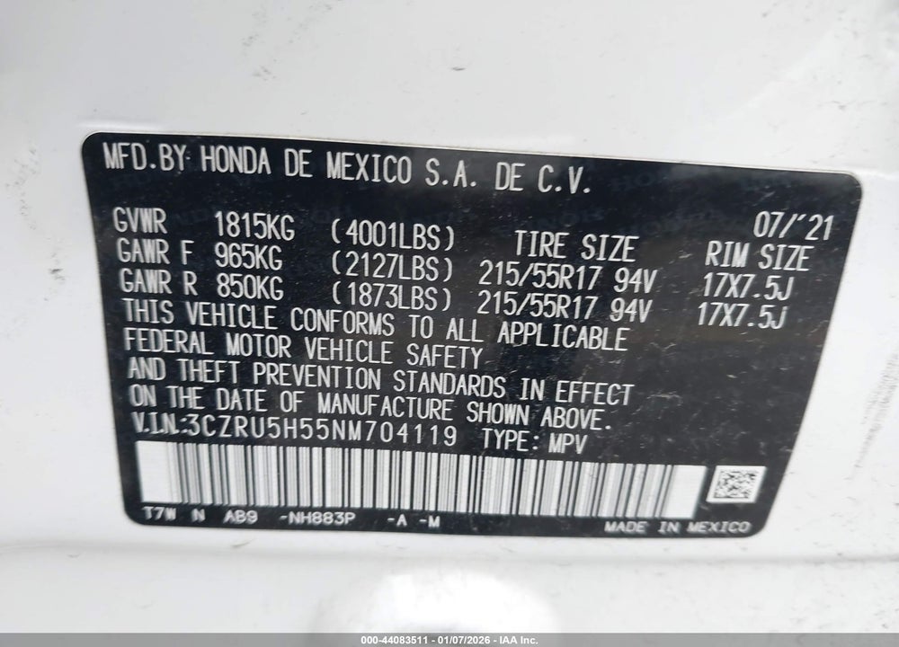 2022 HONDA HR-V EX VIN: 3CZRU5H55NM704119