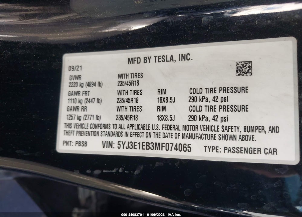 2021 TESLA MODEL 3 LONG RANGE DUAL MOTOR ALL-WHEEL DRIVE VIN: 5YJ3E1EB3MF074065