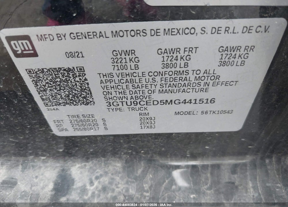 2021 GMC SIERRA 1500 4WD  SHORT BOX ELEVATION VIN: 3GTU9CED5MG441516