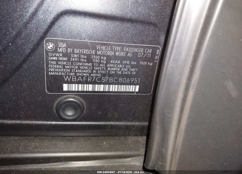 2011 BMW 5 SERIES VIN: WBAFR7C57BC806951