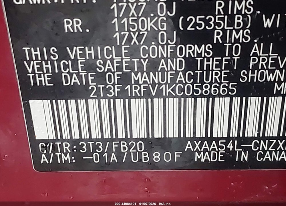 2019 TOYOTA RAV4 LE VIN: 2T3F1RFV1KC058665