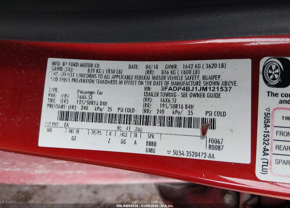 2018 FORD FIESTA SE VIN: 3FADP4BJ1JM121537