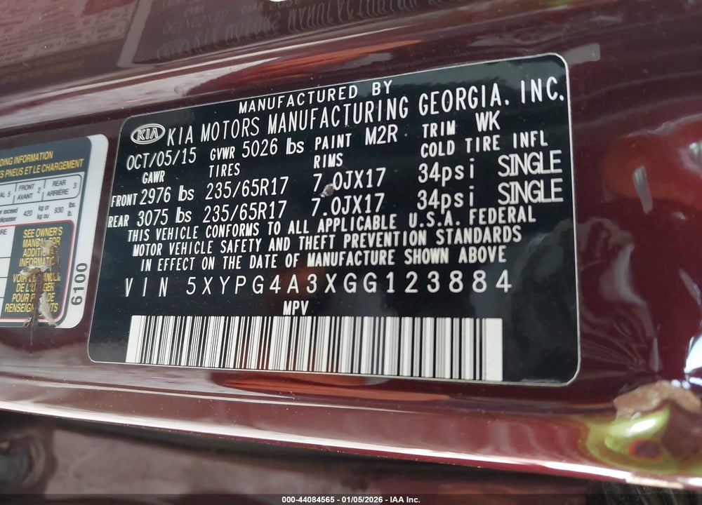 2016 KIA SORENTO 2.4L LX VIN: 5XYPG4A3XGG123884