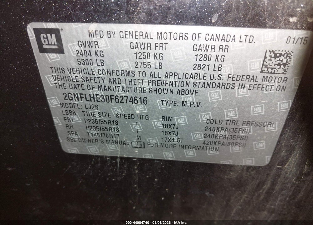 2015 CHEVROLET EQUINOX LTZ VIN: 2GNFLHE30F6274616