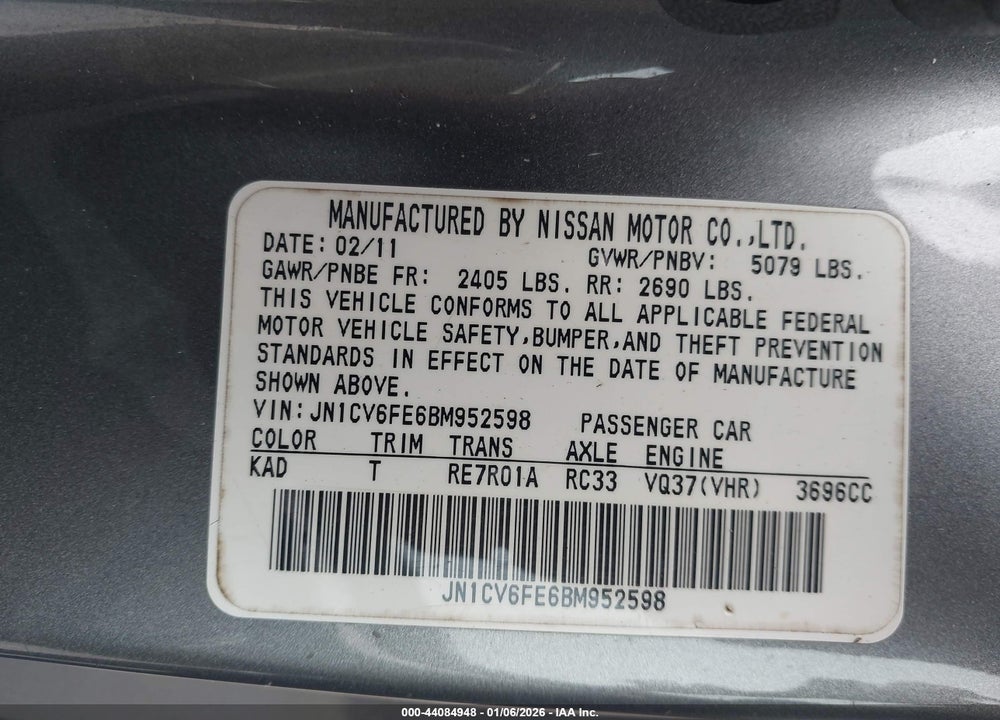 2011 INFINITI G37 VIN: JN1CV6FE6BM952598
