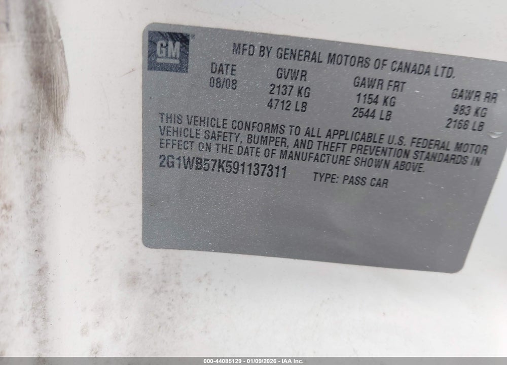 2009 CHEVROLET IMPALA LS VIN: 2G1WB57K591137311