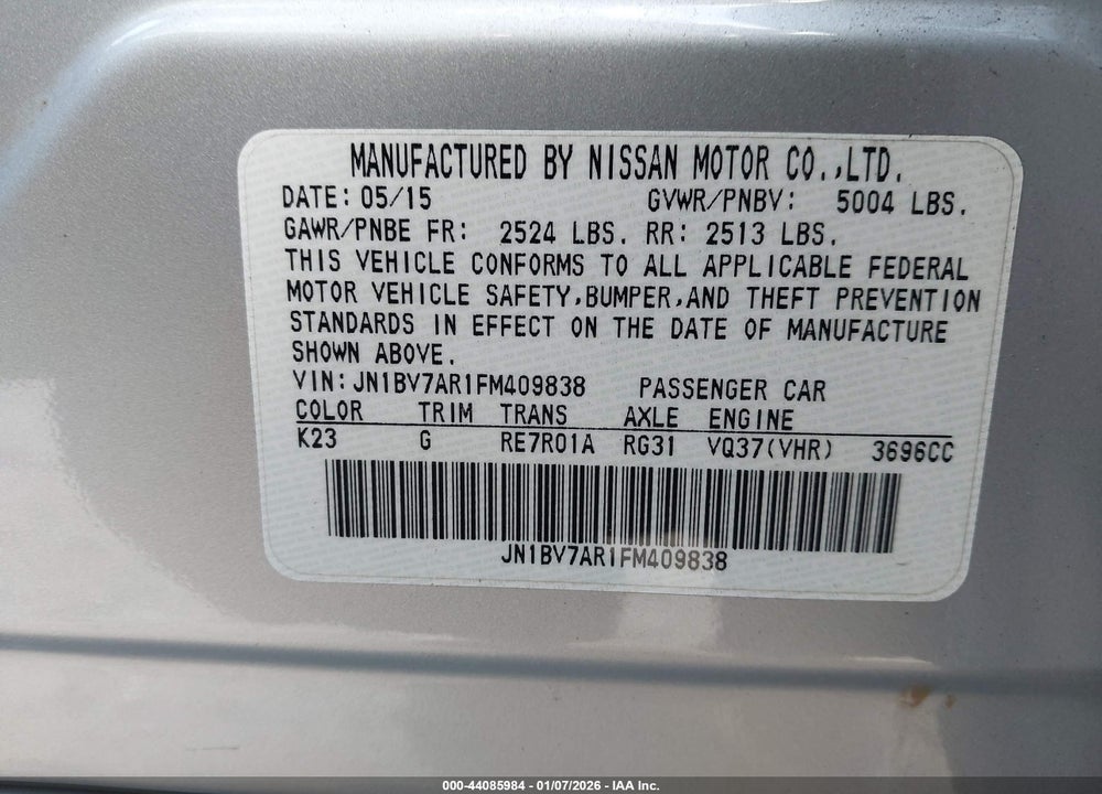 2015 INFINITI Q50 PREMIUM VIN: JN1BV7AR1FM409838