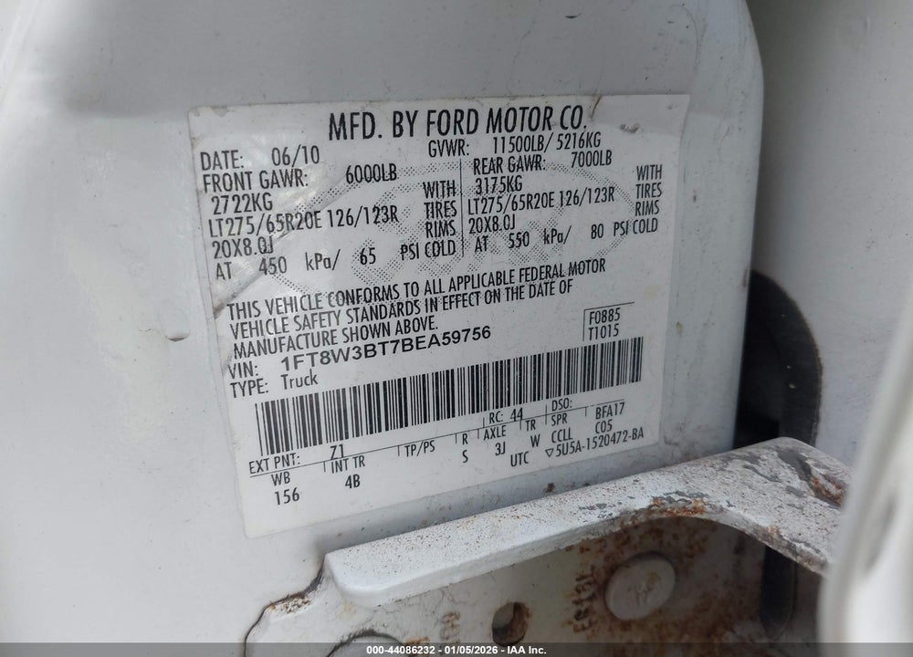 2011 FORD F-350 LARIAT VIN: 1FT8W3BT7BEA59756