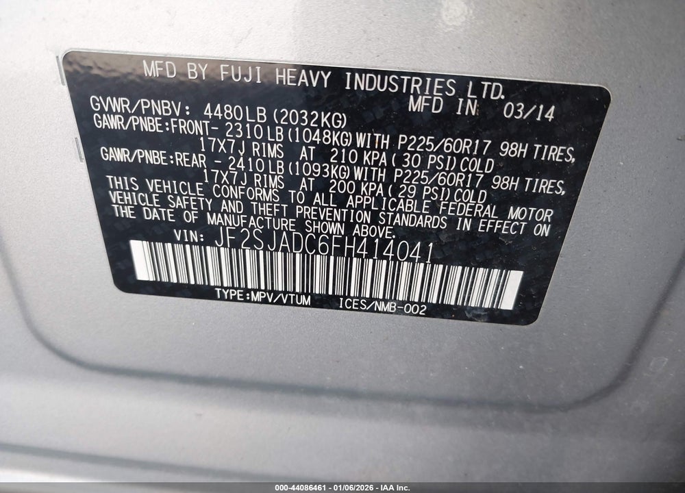 2015 SUBARU FORESTER 2.5I PREMIUM VIN: JF2SJADC6FH414041