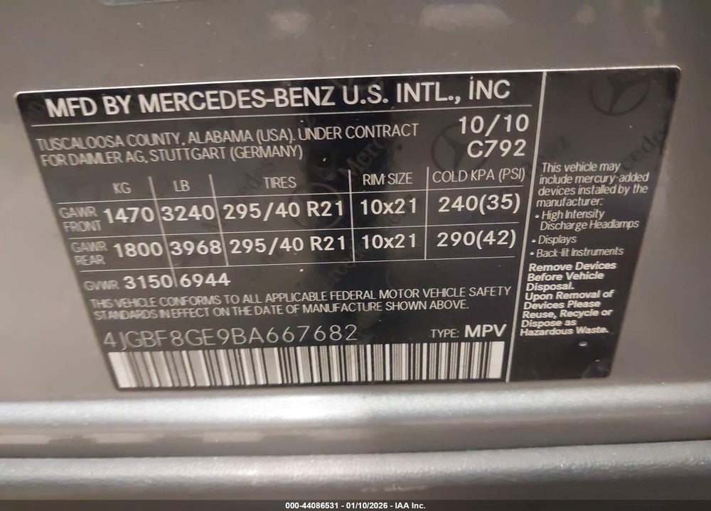 2011 MERCEDES-BENZ GL 550 4MATIC VIN: 4JGBF8GE9BA667682