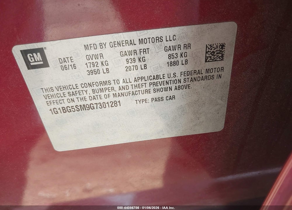 2016 CHEVROLET CRUZE PREMIER AUTO VIN: 1G1BG5SM9G7301281