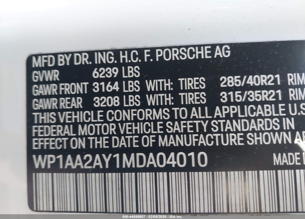 2021 PORSCHE CAYENNE VIN: WP1AA2AY1MDA04010