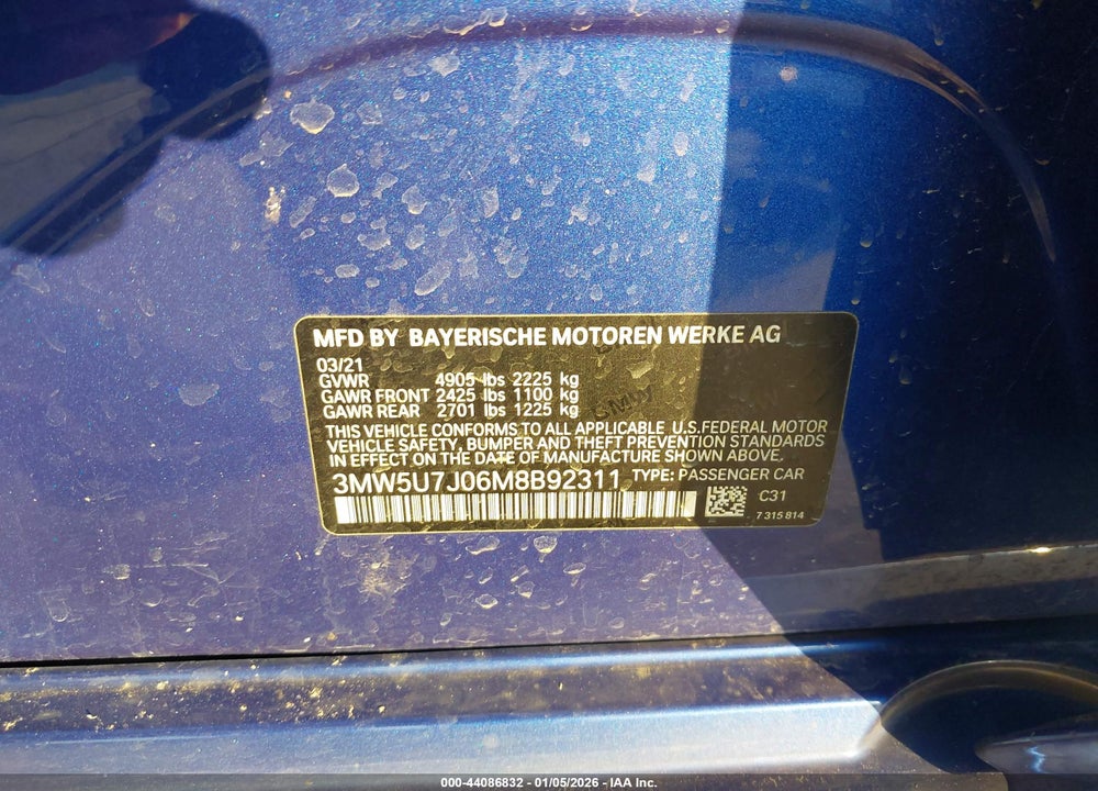2021 BMW 3 SERIES M340I VIN: 3MW5U7J06M8B92311