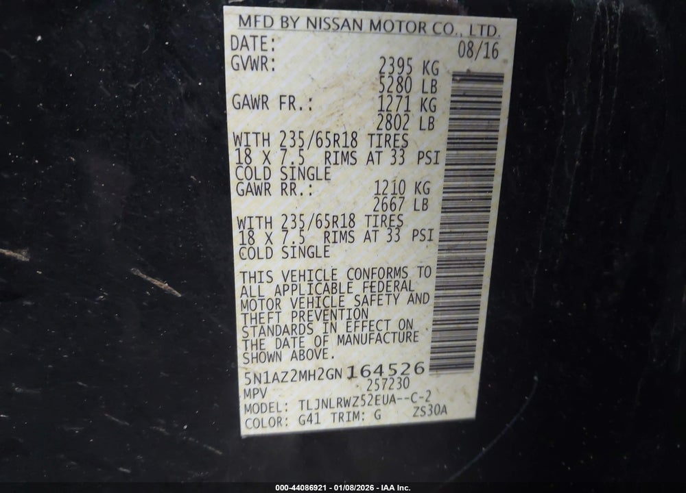 2016 NISSAN MURANO SL VIN: 5N1AZ2MH2GN164526