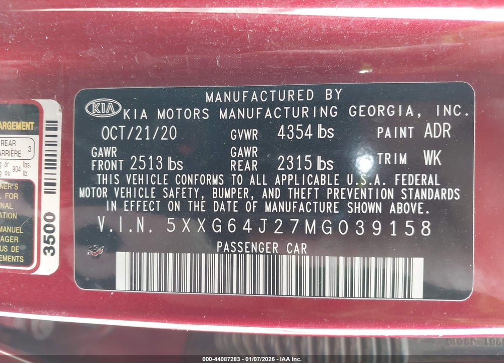 2021 KIA K5 GT-LINE VIN: 5XXG64J27MG039158