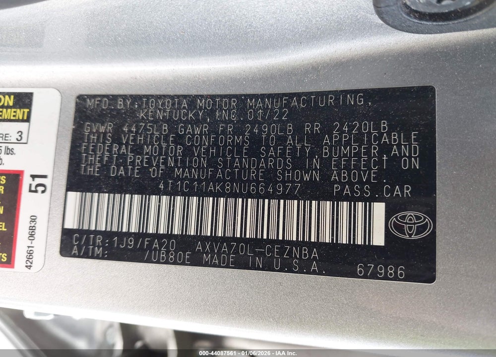 2022 TOYOTA CAMRY LE VIN: 4T1C11AK8NU664977
