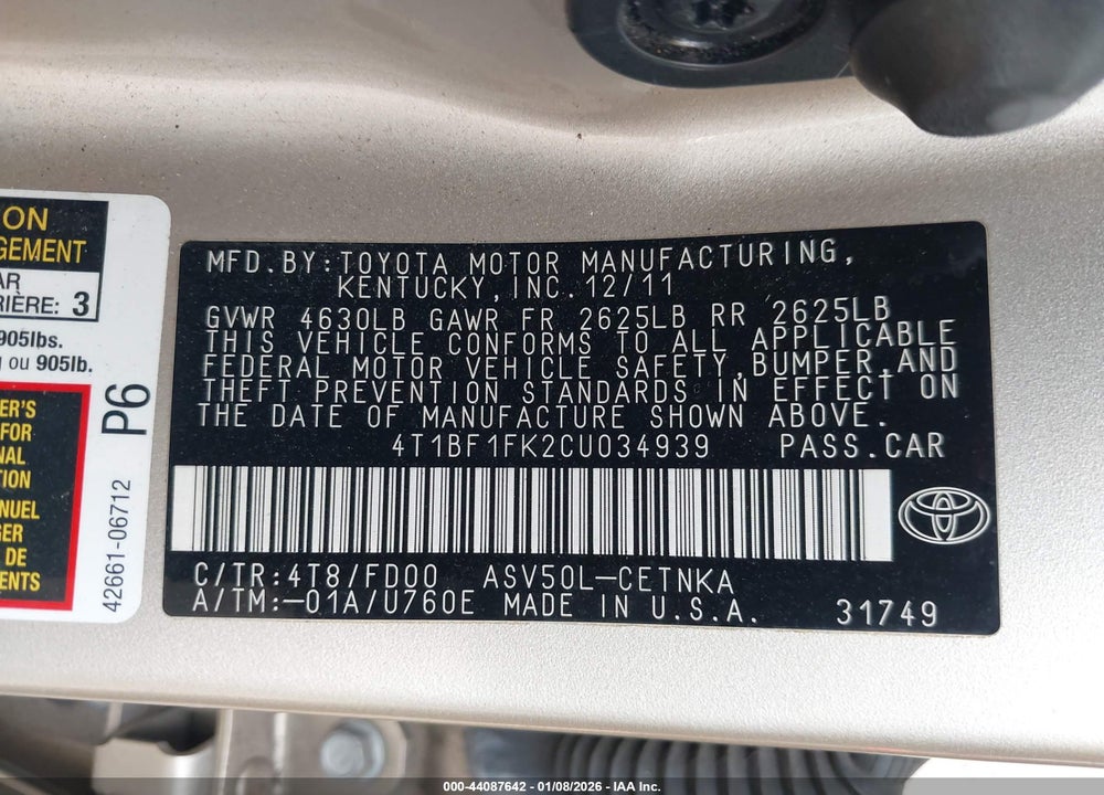 2012 TOYOTA CAMRY LE VIN: 4T1BF1FK2CU034939