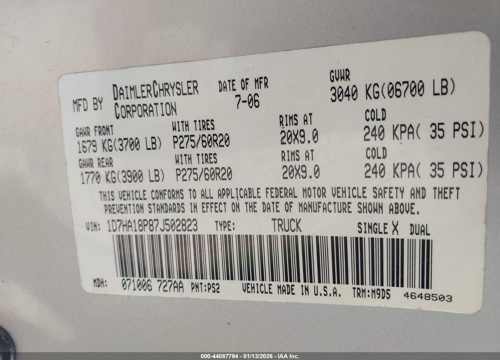 2007 DODGE RAM 1500 SLT VIN: 1D7HA18P87J502823