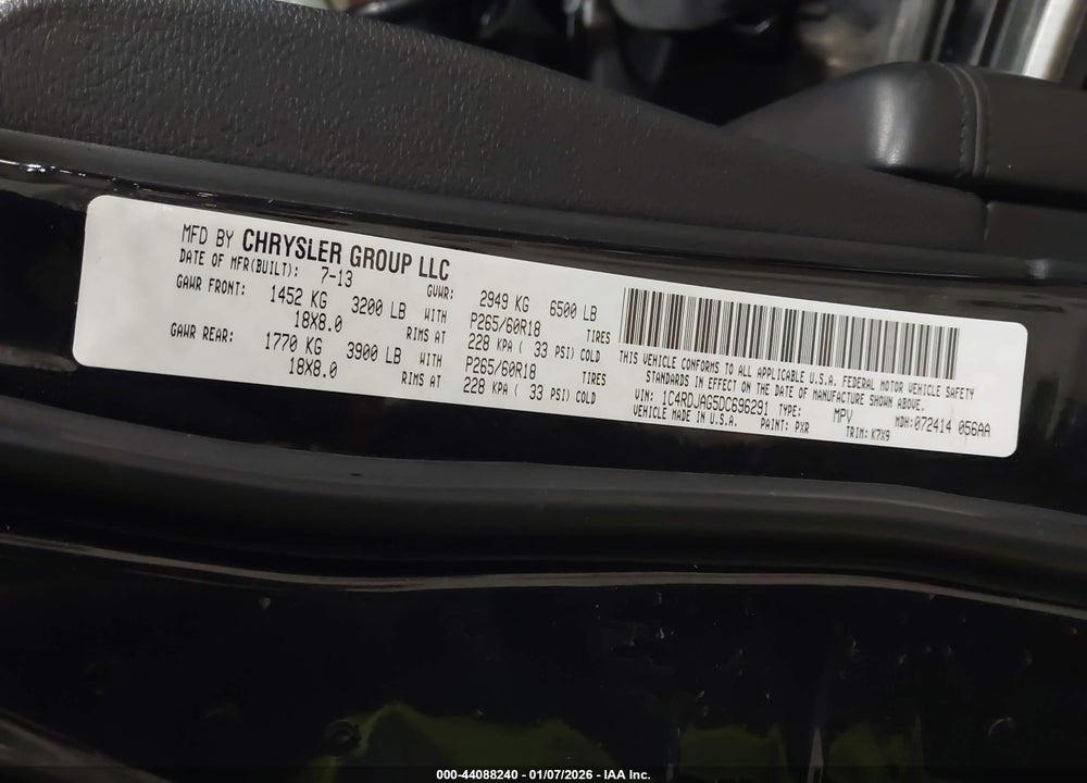 2013 DODGE DURANGO SXT VIN: 1C4RDJAG5DC696291