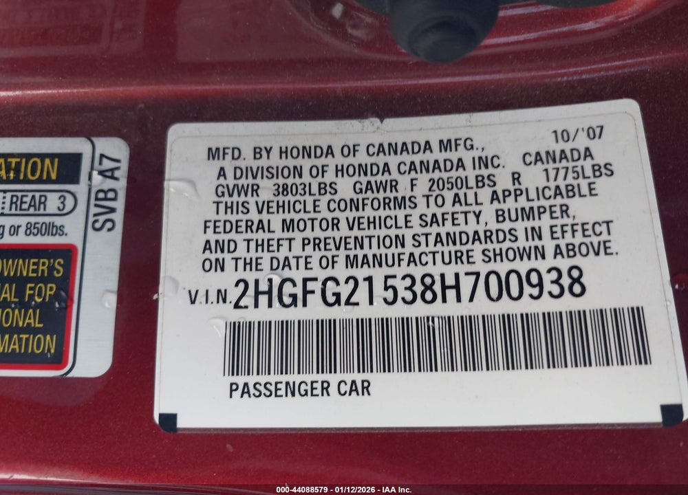 2008 HONDA CIVIC SI VIN: 2HGFG21538H700938