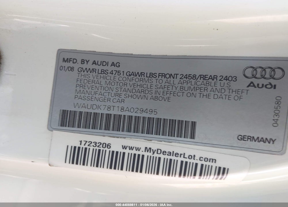 2008 AUDI A5 3.2L VIN: WAUDK78T18A029495