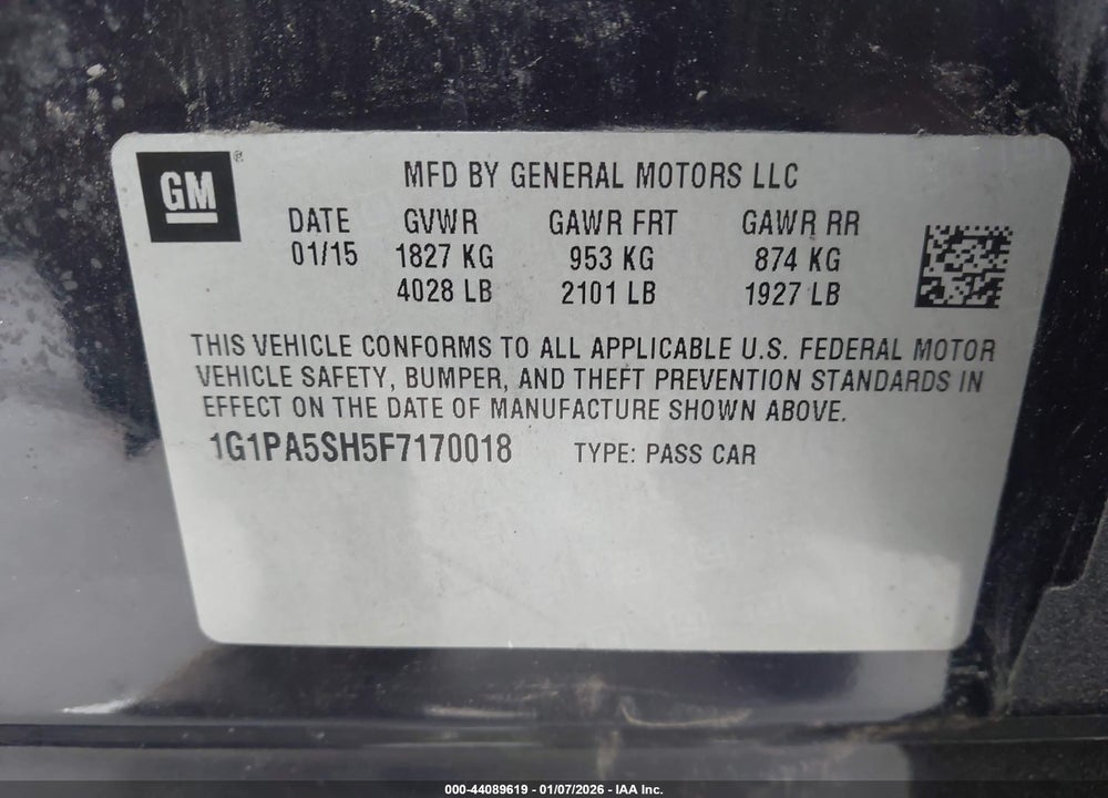 2015 CHEVROLET CRUZE LS AUTO VIN: 1G1PA5SH5F7170018