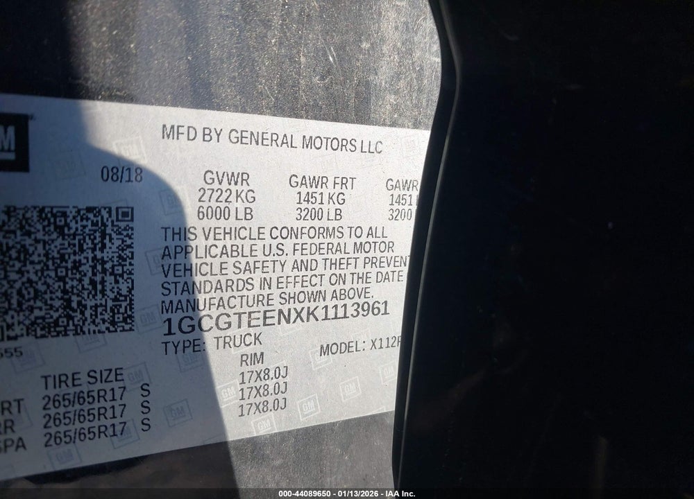 2019 CHEVROLET COLORADO ZR2 VIN: 1GCGTEENXK1113961