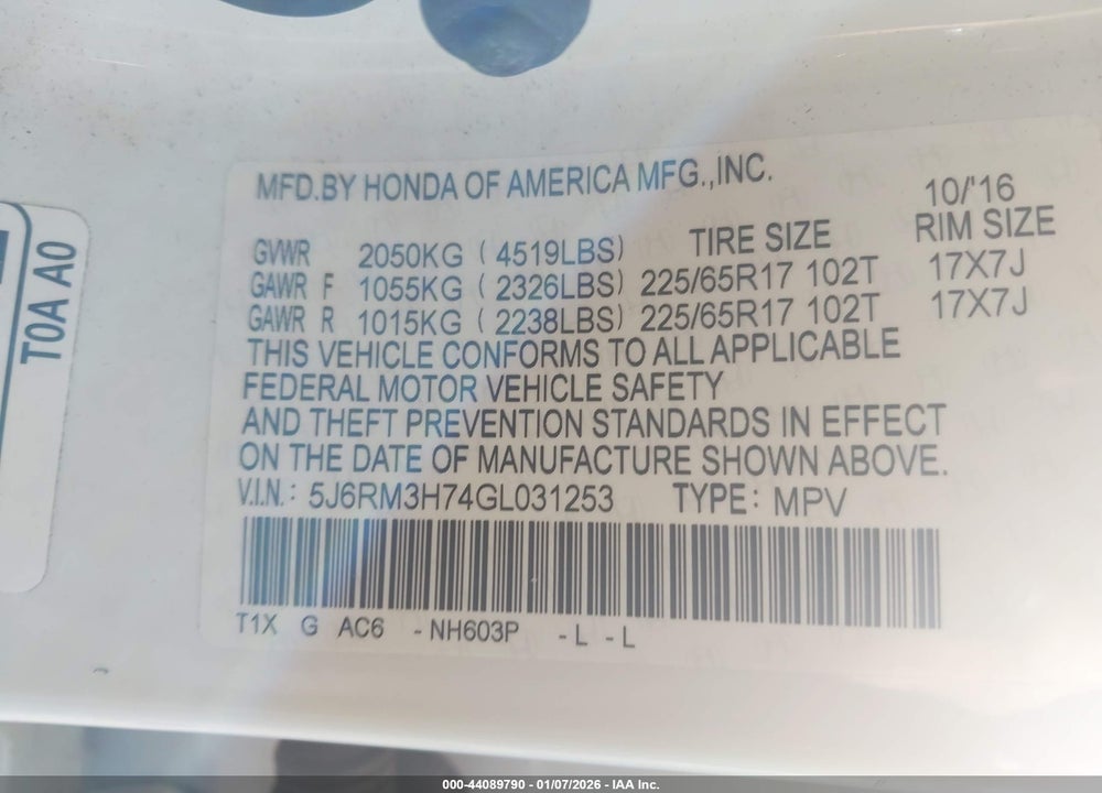 2016 HONDA CR-V EX-L VIN: 5J6RM3H74GL031253