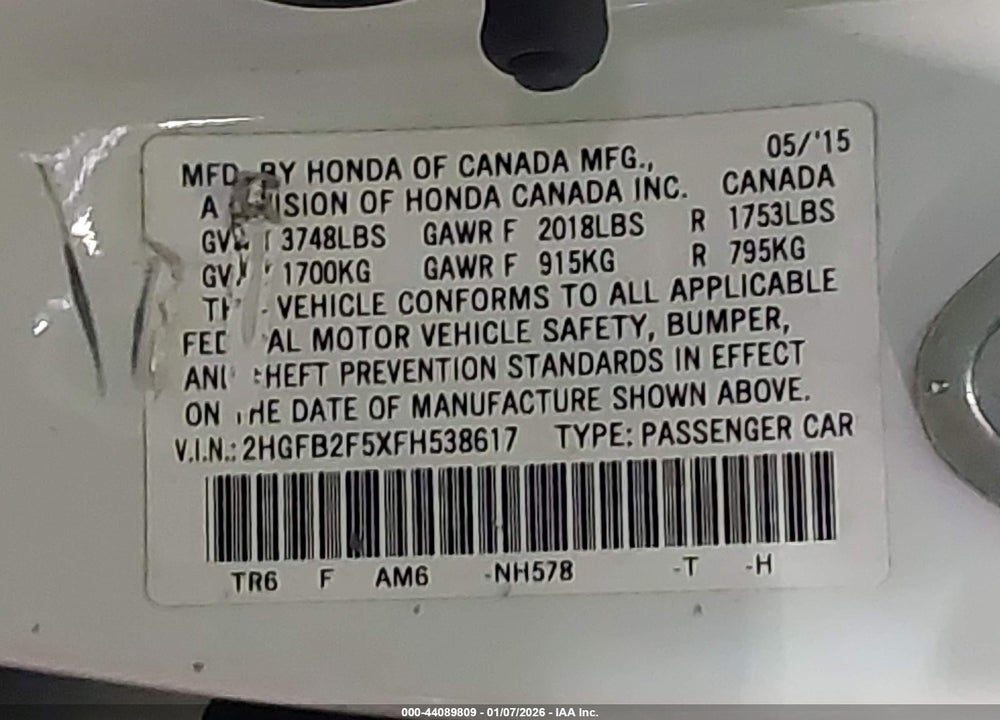 2015 HONDA CIVIC LX VIN: 2HGFB2F5XFH538617
