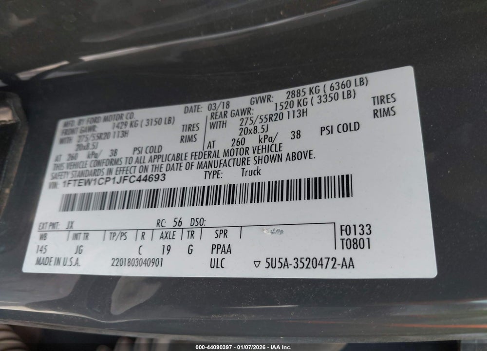 2018 FORD F-150 XL VIN: 1FTEW1CP1JFC44693