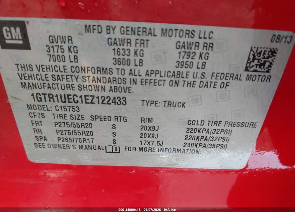 2014 GMC SIERRA 1500 SLE VIN: 1GTR1UEC1EZ122433