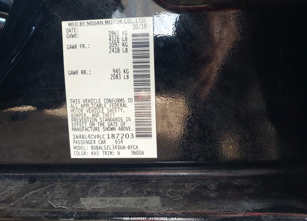 2020 NISSAN ALTIMA SR FWD VIN: 1N4BL4CV4LC187203