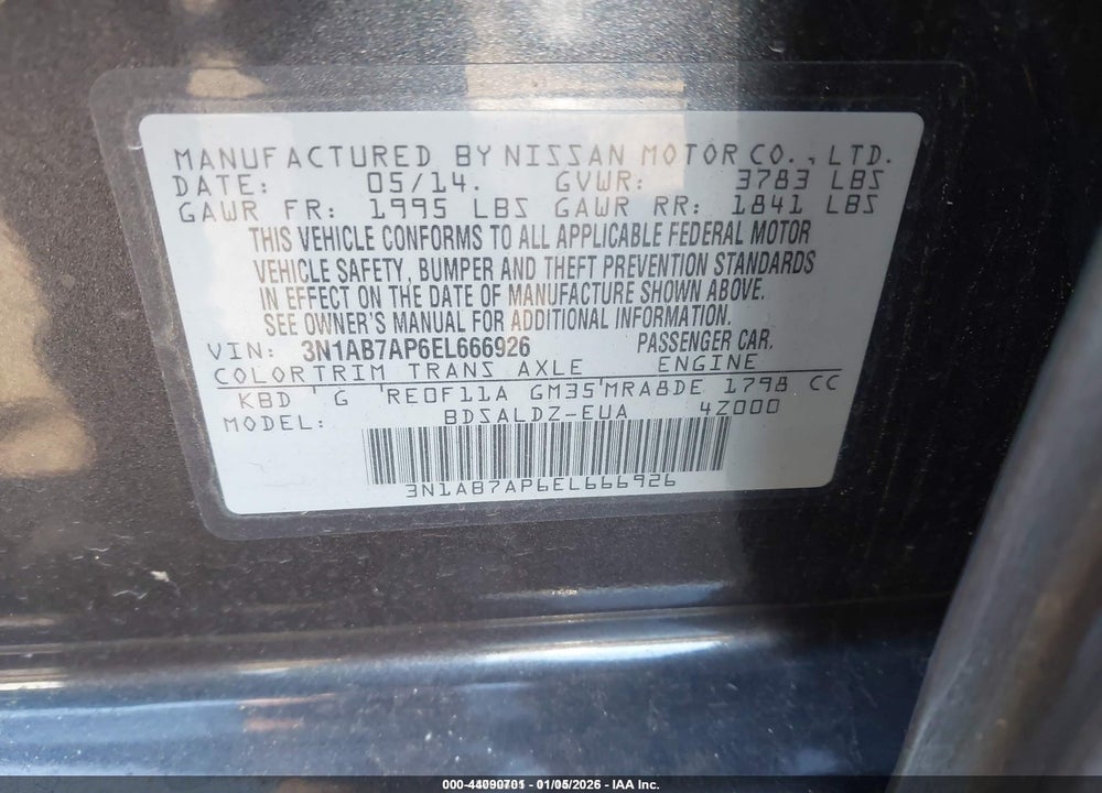 2014 NISSAN SENTRA FE+ S/FE+ SV/S/SL/SR/SV VIN: 3N1AB7AP6EL666926