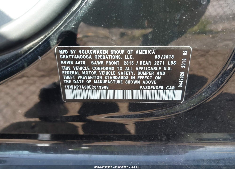 2014 VOLKSWAGEN PASSAT 2.5L S/2.5L WOLFSBURG EDITION VIN: 1VWAP7A39EC019988