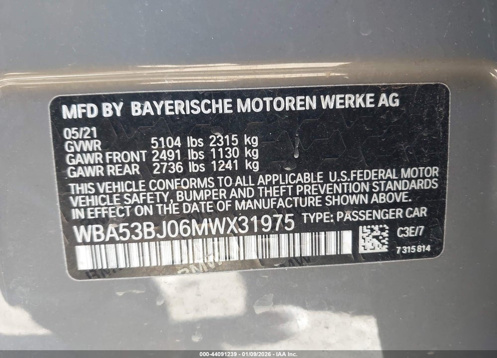 2021 BMW 540I VIN: WBA53BJ06MWX31975
