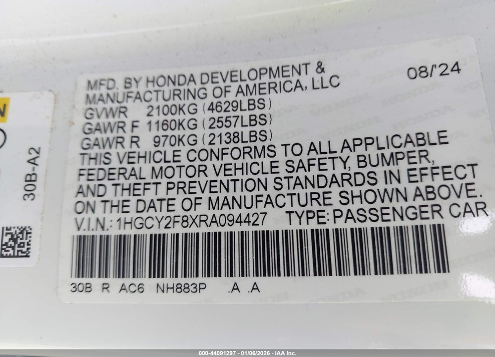 2024 HONDA ACCORD HYBRID TOURING VIN: 1HGCY2F8XRA094427