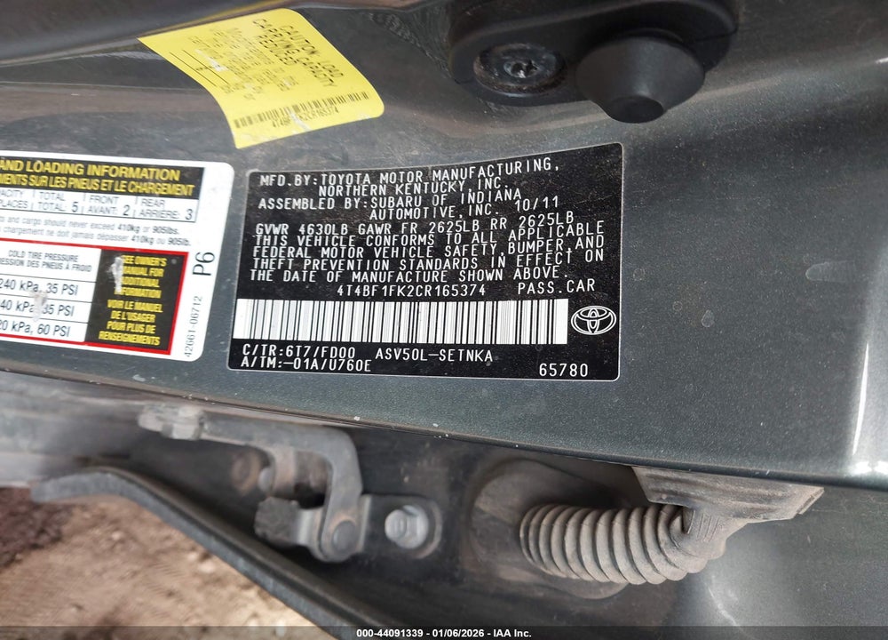 2012 TOYOTA CAMRY LE VIN: 4T4BF1FK2CR165374