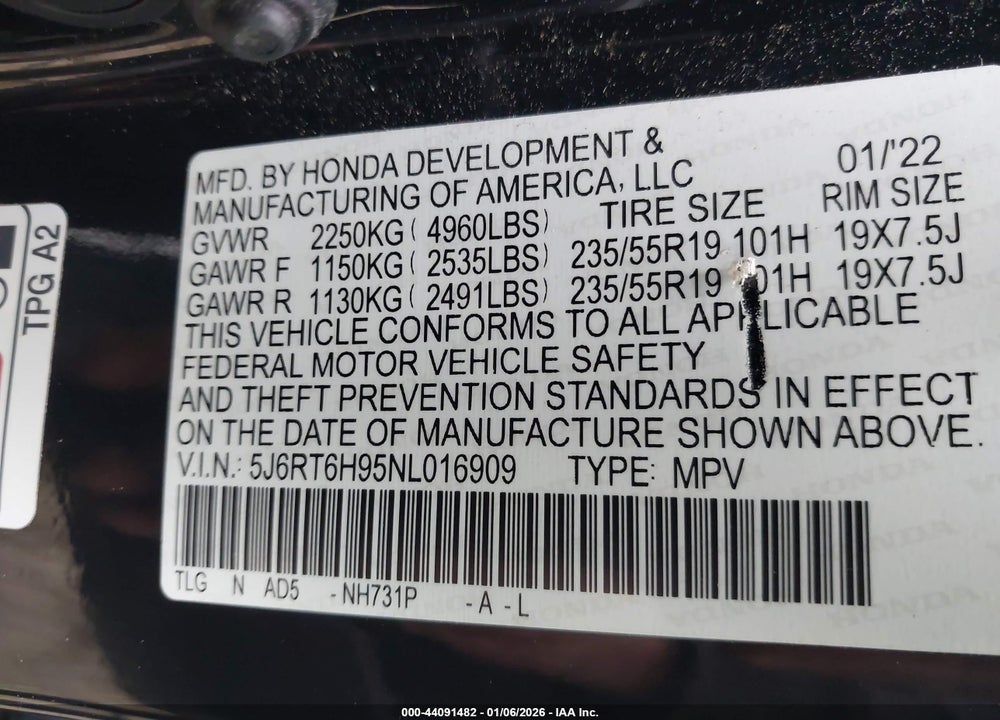 2022 HONDA CR-V HYBRID TOURING VIN: 5J6RT6H95NL016909