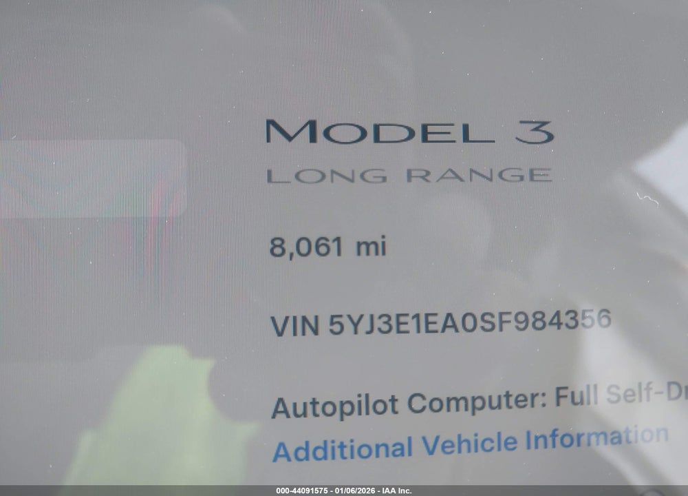 2025 TESLA MODEL 3 LONG RANGE REAR-WHEEL DRIVE/STANDARD REAR-WHEEL DRIVE VIN: 5YJ3E1EA0SF984356