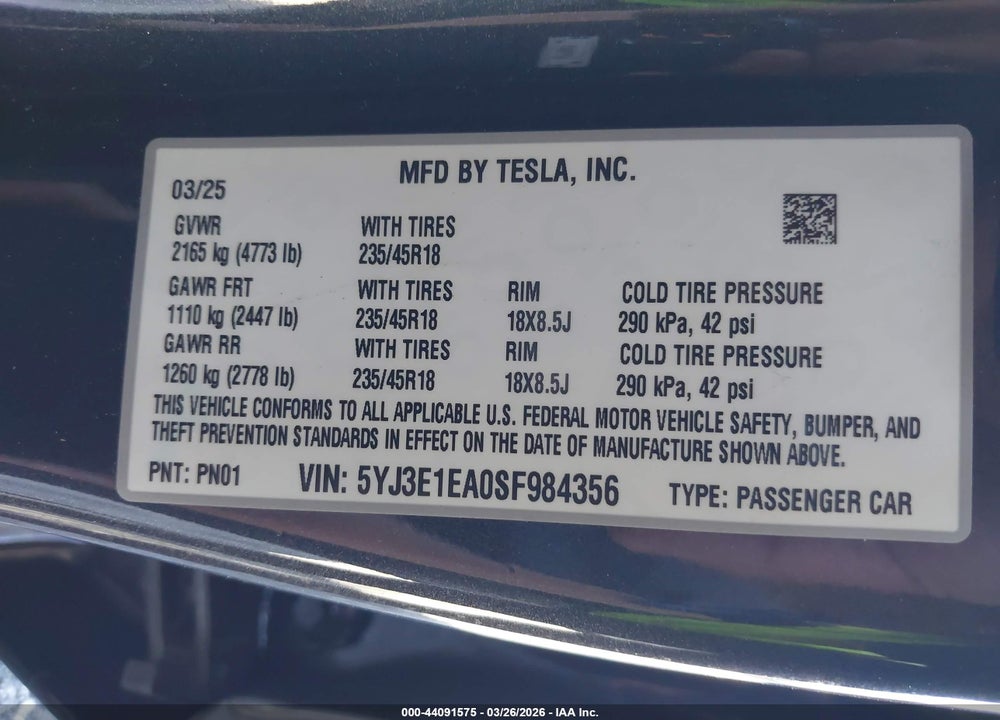 2025 TESLA MODEL 3 LONG RANGE REAR-WHEEL DRIVE/STANDARD REAR-WHEEL DRIVE VIN: 5YJ3E1EA0SF984356
