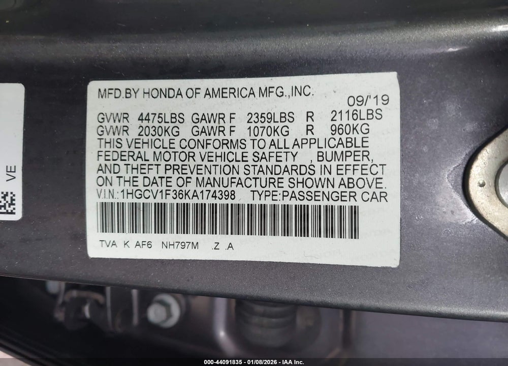 2019 HONDA ACCORD SPORT VIN: 1HGCV1F36KA174398