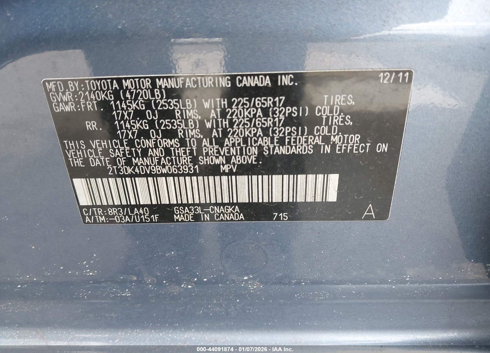 2011 TOYOTA RAV4 LIMITED V6 VIN: 2T3DK4DV9BW063931