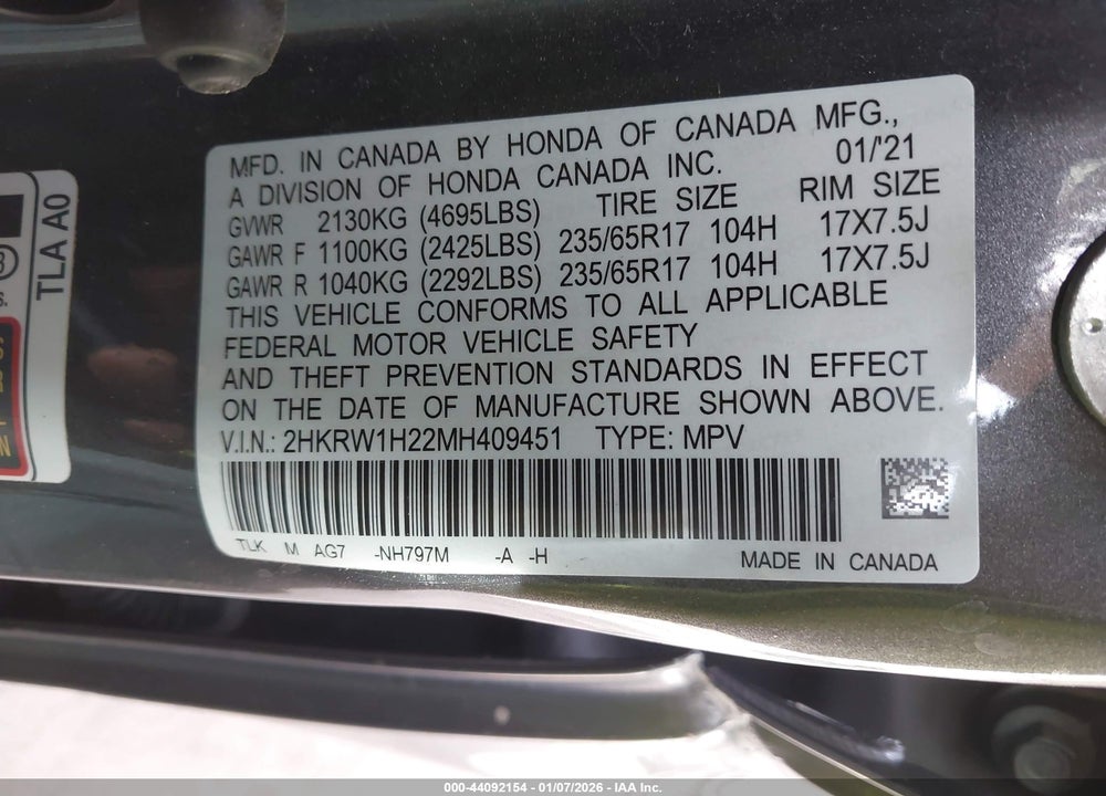 2021 HONDA CR-V 2WD LX VIN: 2HKRW1H22MH409451