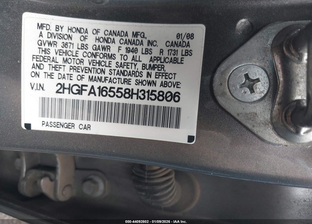 2008 HONDA CIVIC LX VIN: 2HGFA16558H315806