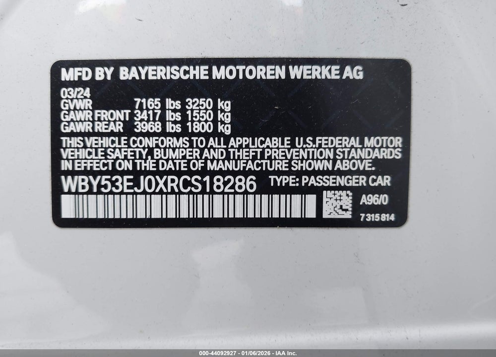 2024 BMW I7 XDRIVE60 VIN: WBY53EJ0XRCS18286